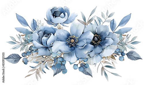 A watercolor vector winter bouquet with dusty blue flowers and branches