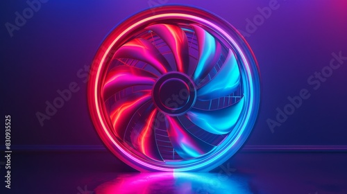 A neon colored computer fan is shown in a colorful, futuristic setting