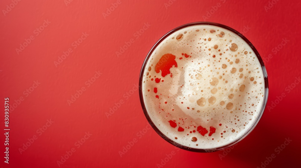 Top view of beer pint with thick foam, on red background, generated with AI