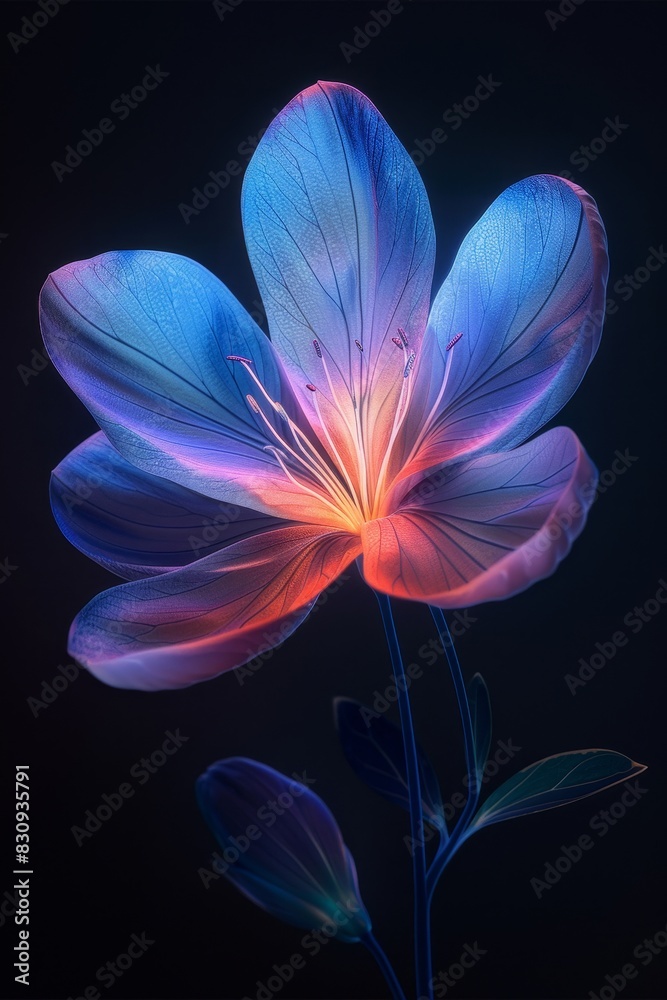 Blue Flower With Pink Center on Black Background Blue Flower With Pink Center on Black Background