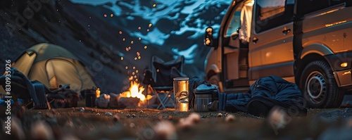 Cozy camping scene with campfire, tent, and van in a mountainous landscape during twilight, perfect for adventure and outdoor lifestyle themes.