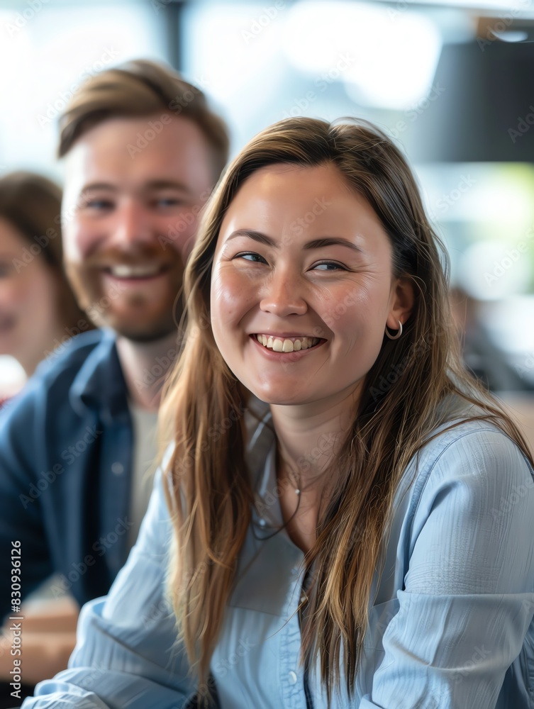 A young professional woman is sitting in a meeting with her colleagues. She is smiling and looking at the camera. She is wearing a blue shirt and has long brown hair. A young professional woman is sitting in a meeting with her colleagues. She is smiling and looking at the camera. She is wearing a blue shirt and has long brown hair.