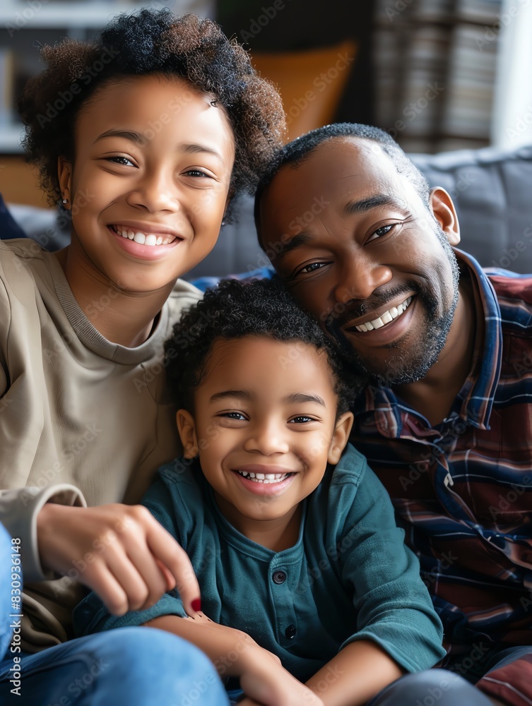 A happy family of three is sitting on a couch and smiling at the camera A happy family of three is sitting on a couch and smiling at the camera