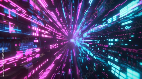 A neon colored, futuristic tunnel with a blue and pink glow