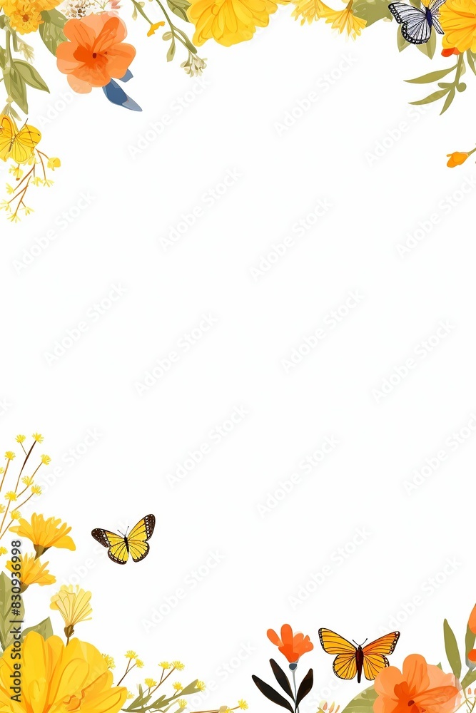 Bright floral frame with butterflies on a white background, perfect for spring or summer themed invitations and greeting cards. Bright floral frame with butterflies on a white background, perfect for spring or summer themed invitations and greeting cards.