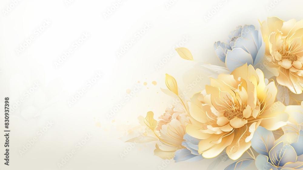 Fototapeta premium Elegant floral background with watercolor effect, featuring yellow and blue flowers on a soft gradient backdrop ideal for invitations and design projects.