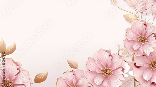 Elegant floral background with pink flowers and gold accents, perfect for invitations, greeting cards, or wedding designs. Blank space for text.