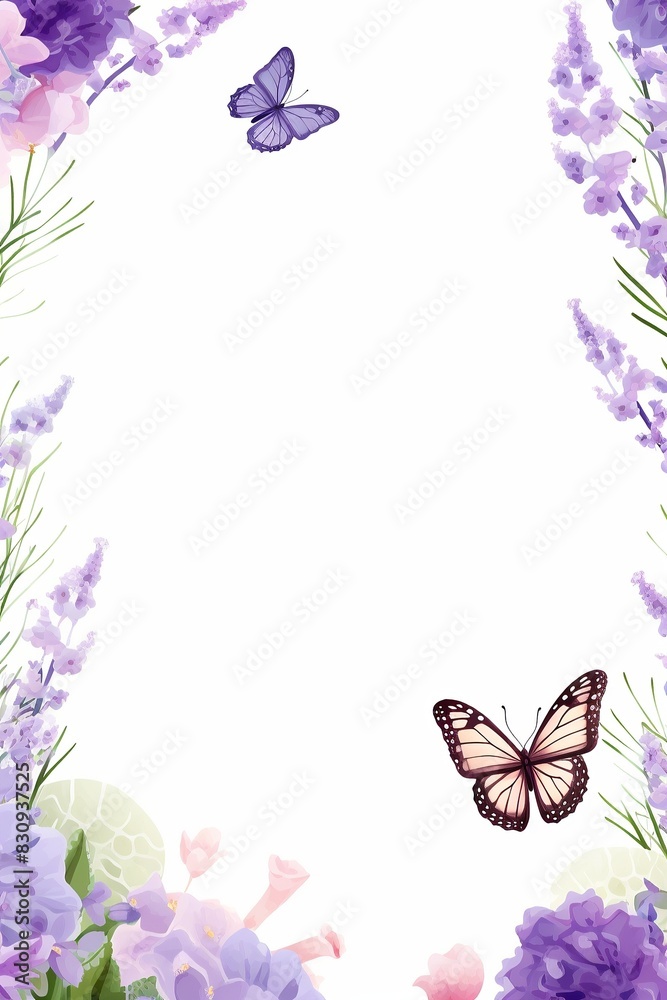 Elegant floral border with butterflies and lavender flowers on white background, perfect for invitations, cards, and decorative designs.