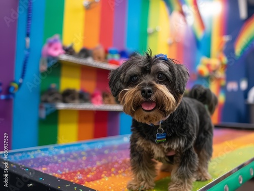 A Pride Monththemed pet grooming salon with rainbow decorations photo