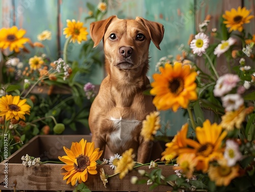 A springthemed pet photography studio with floral props for Earth Day photo