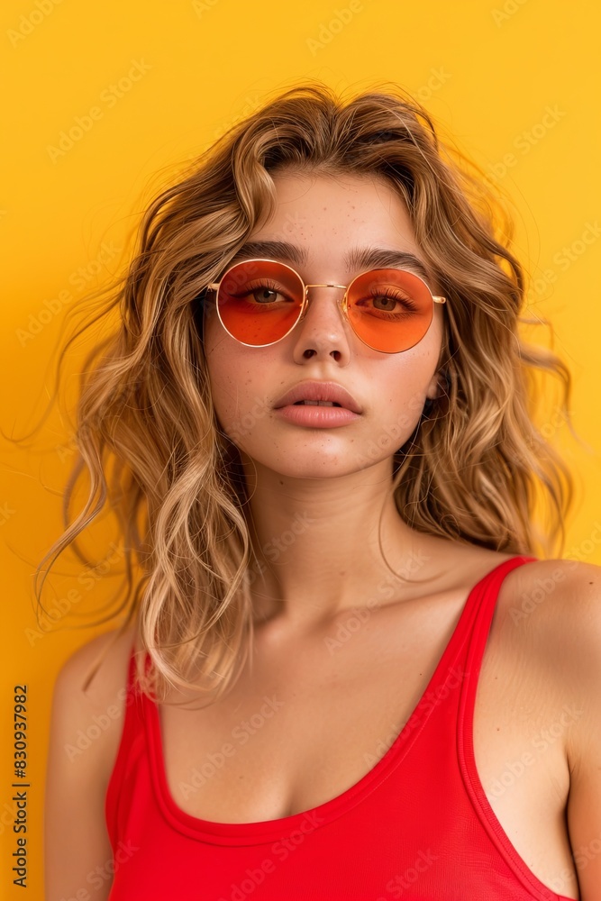 Photo of charming shining cute pretty wavy hairstyle, student, lady, healthy fruit diet, empty space, pretend strawberry eye wears bright red tank top, isolated glitter yellow color background. 