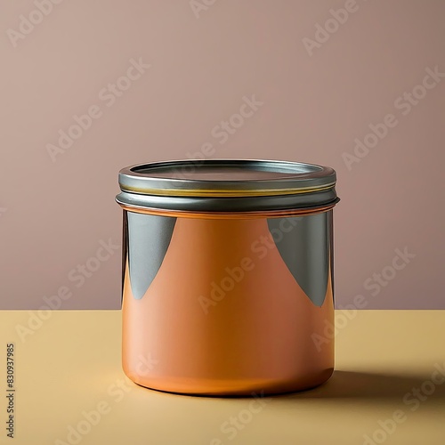 A large, shiny, metallic container with a lid sits on a yellow table