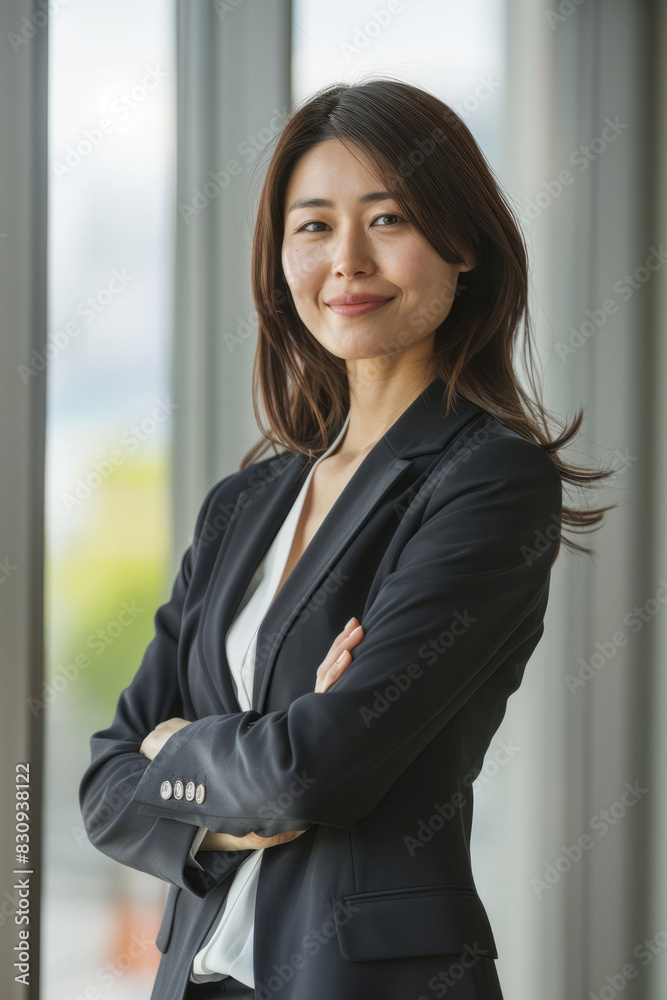 a Japanese businesswoman radiating confidence and happiness in her portrait, reflecting her alignment with the firm's vision of excellence and success. a Japanese businesswoman radiating confidence and happiness in her portrait, reflecting her alignment with the firm's vision of excellence and success.