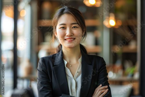 a Japanese businesswoman standing tall  radiating pride and happiness in her position.