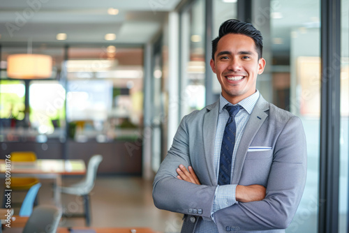 a Latino businessman showing optimism and professionalism in a sleek  modern office setting.