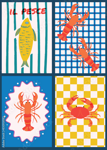 Set of Risograph-style hand-drawn Lobster, Fish and Crab illustrations. Perfect for seafood shop logos, signboards, restaurant menus, fish market banners, and poster design templates. 