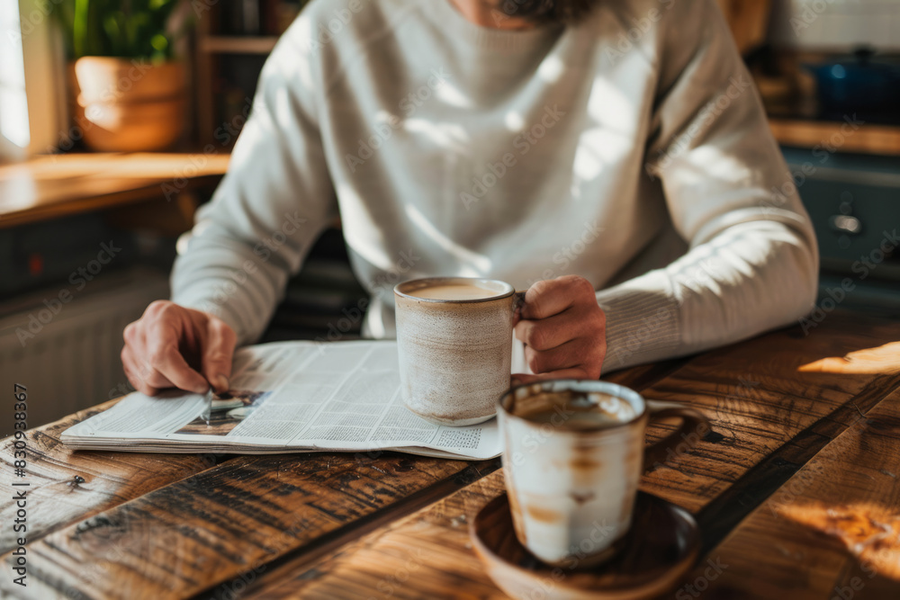 a man enjoying a cup of coffee while reading the newspaper at a cozy kitchen table, emphasizing morning routines and relaxation.
