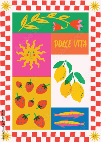 Colorful summer Dolce Vita Poster featuring collage of illustrations. Vibrant motifs of lemons, fish, sun, flowers and strawberry. Perfect for banners, advertising, web design, t-shirt design photo