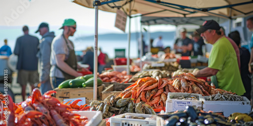 a lively farmers' market by the sea with vendors selling fresh seafood and local produce photo