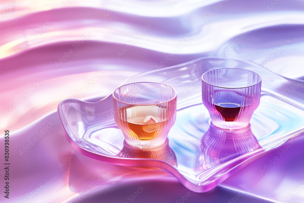 Two elegantly textured glasses with golden and dark red liquids on a reflective tray, set against a serenely undulating pink and purple background. Two elegantly textured glasses with golden and dark red liquids on a reflective tray, set against a serenely undulating pink and purple background.