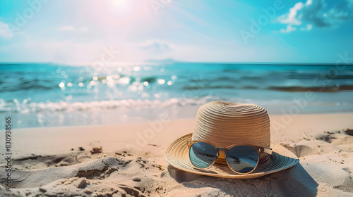 Summer vacation gear on sandy beach, hat and sunglasses ready for a day under the sun