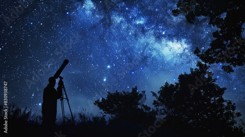 a night sky filled with stars and a person stargazing with a telescope