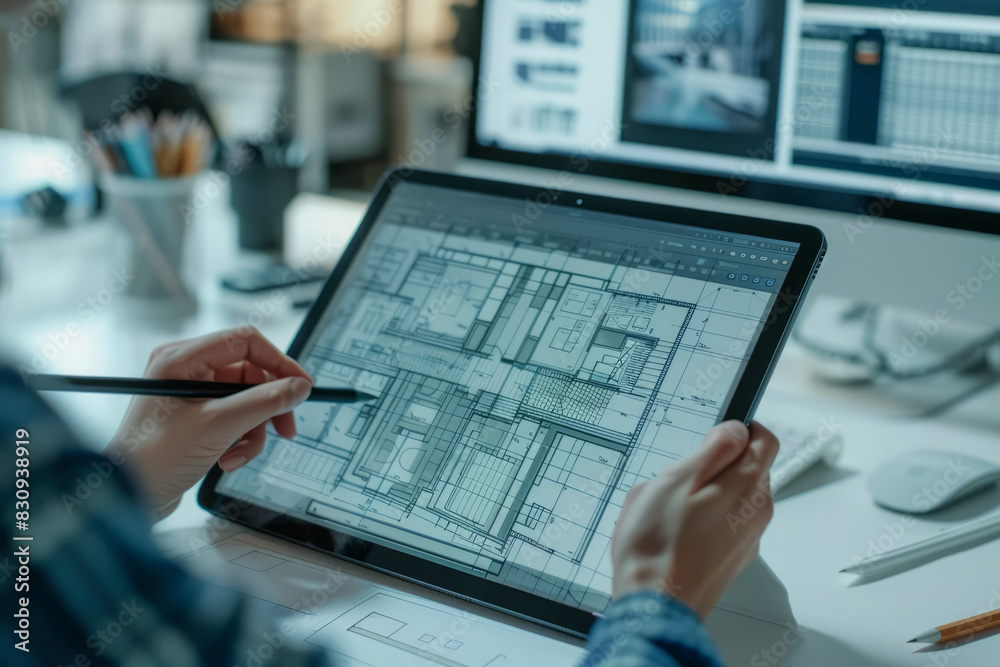 a person drawing architectural designs on a tablet in a modern studio, showcasing creativity and technology in architecture. a person drawing architectural designs on a tablet in a modern studio, showcasing creativity and technology in architecture.