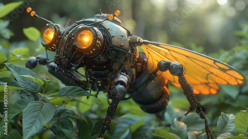 A steampunk bee robot with glowing eyes and wings, perched on a leafy branch.