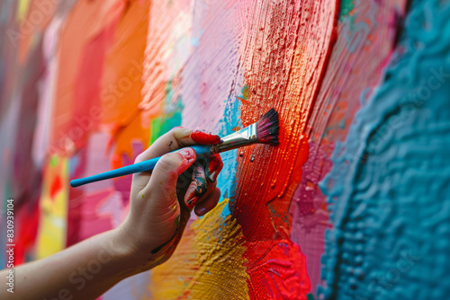 a person painting a mural on a city wall, with vibrant colors, brushes, and focused expressions, promoting street art and urban culture.