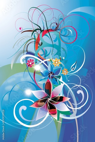 Blue Background With Flowers and Swirls photo