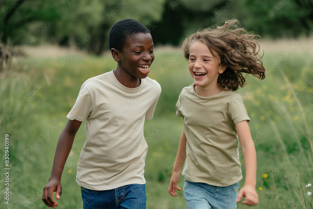 Two children playing and laughing outside on a sunny day in the park, wearing casual clothing and smiling. Two children playing and laughing outside on a sunny day in the park, wearing casual clothing and smiling.