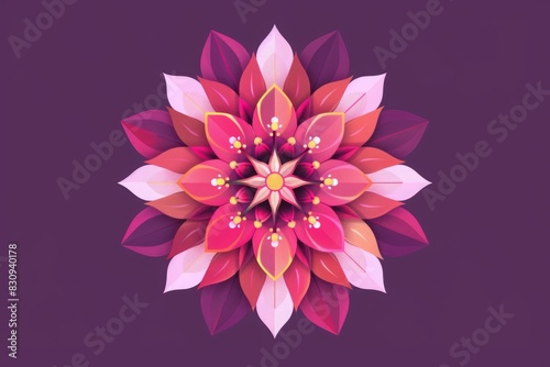 A vibrant geometric flower design with pink and purple hues  set against a dark background  perfect for decor  cards  or digital art.