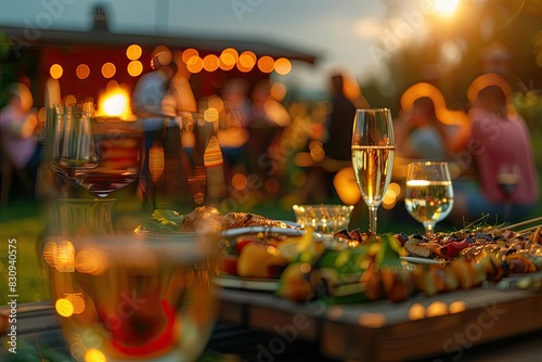 Outdoor gathering with friends at sunset, enjoying food and drinks on a warm evening. Festive, illuminated ambiance with a focus on relaxation.