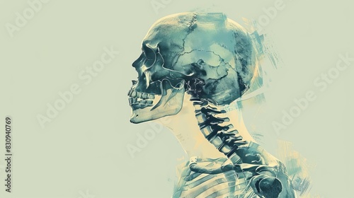 Abstract digital artwork of a human skull and spine in profile view, blending anatomical detail with artistic interpretation on a muted background.