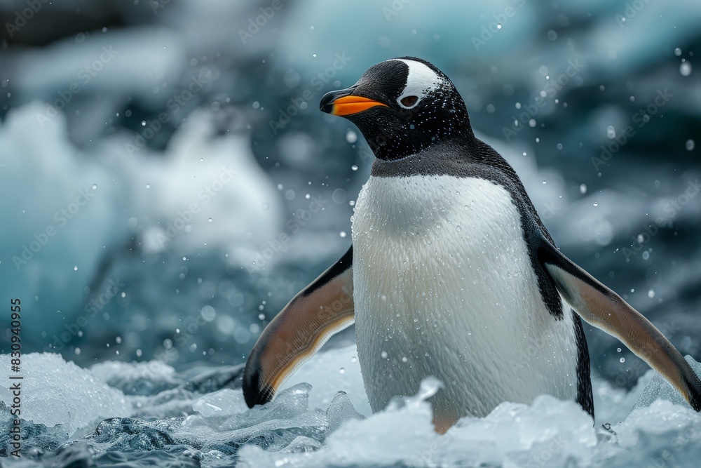 Fototapeta premium A penguin emerges from the cold sea, flippers spread, with a backdrop of icy water textures