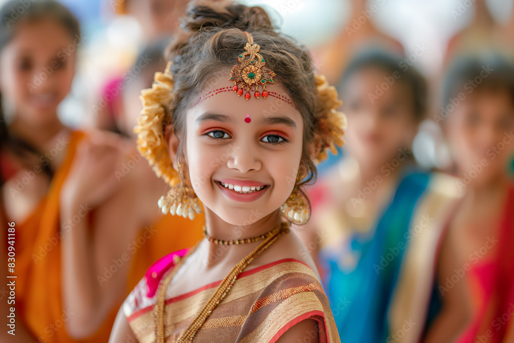 A young girl smiling in an ornate traditional Indian dance costume, surrounded by other children in colorful attire during a cultural celebration. A young girl smiling in an ornate traditional Indian dance costume, surrounded by other children in colorful attire during a cultural celebration.