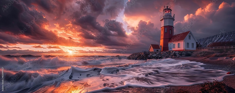 Dramatic coastal scene at sunset with crashing waves and picturesque lighthouse, casting light through stormy clouds. A serene landscape moment.