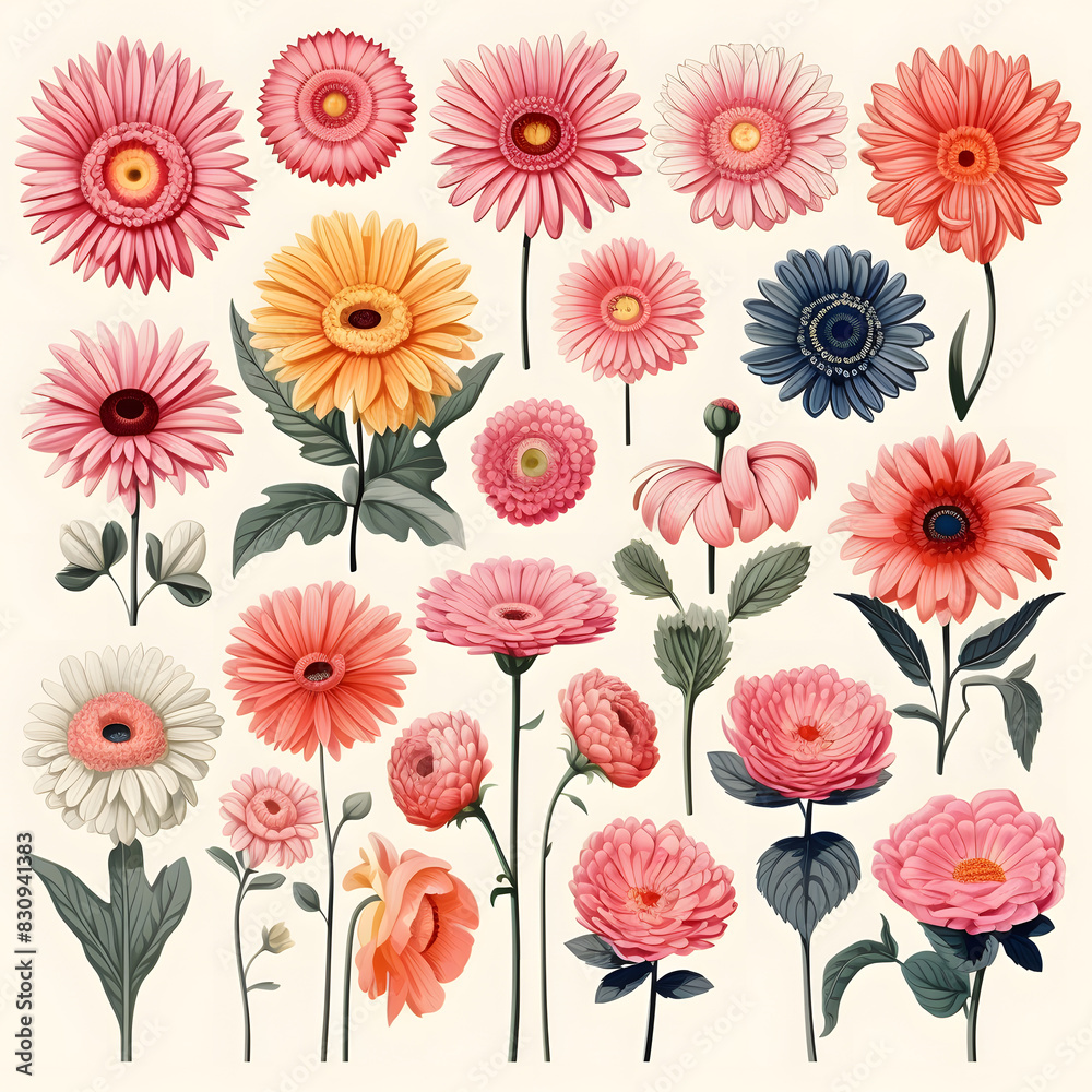 set of Chrysanthemum, plants, leaves and flowers. illustrations of beautiful realistic flowers for background, pattern or wedding invitations set of Chrysanthemum, plants, leaves and flowers. illustrations of beautiful realistic flowers for background, pattern or wedding invitations