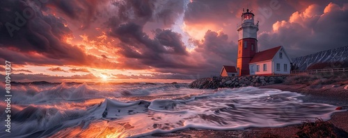 Dramatic coastal scene at sunset with crashing waves and picturesque lighthouse, casting light through stormy clouds. A serene landscape moment. photo