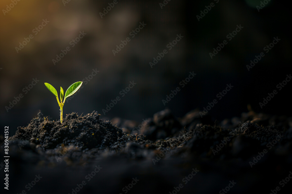 New seedling growing in dark soil with space for text earth day or nature background Copy space image Place for adding text or design