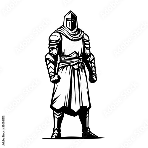 Black-and-white vector illustration of a medieval knight in full armor with a cloak, standing heroically. Detailed line work emphasizes the knight's strength and historical fantasy theme.