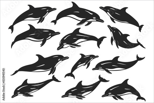 Set of black silhouette of dolphin, Silhouettes of fish, Dolphin jump from the water, Black silhouettes of dolphin, Dolphin, Element, Ocean, Jumping, Animal, Abstract, Aquarium, Fish, Illustration