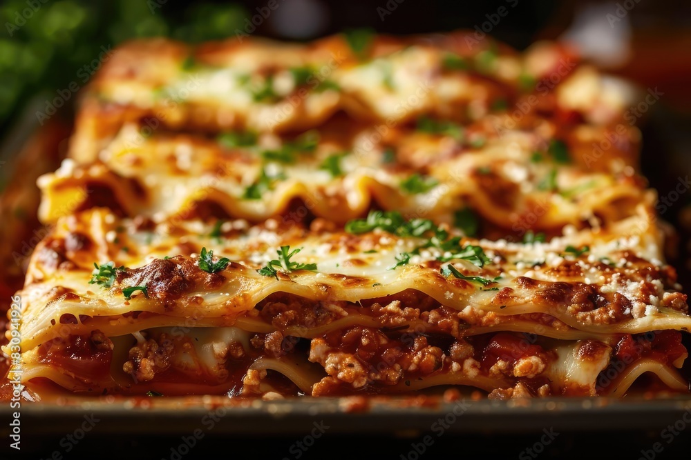 Delicious Italian lasagna with layers of pasta, meat, cheese, and sauce, garnished with parsley, perfect for a hearty meal. Delicious Italian lasagna with layers of pasta, meat, cheese, and sauce, garnished with parsley, perfect for a hearty meal.