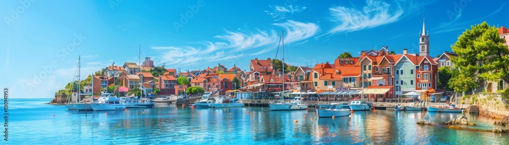 A picturesque seaside town with colorful houses, a busy harbor, and boats anchored under a clear blue sky, with copy space.