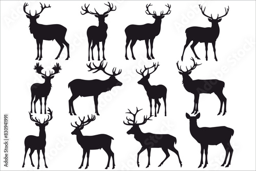Black silhouettes of deer, Silhouettes of Dear, Dear silhouettes set, Animal silhouettes, Set of deer silhouettes in various poses, Deer silhouette vector