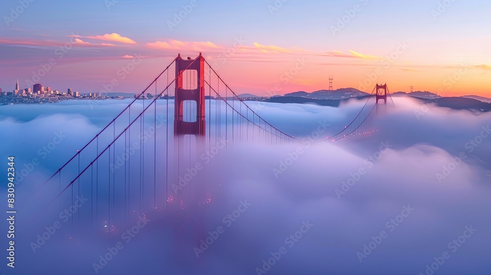 Obraz premium Golden Gate at dawn surrounded by fog