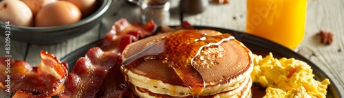 A hearty breakfast spread featuring pancakes with syrup, crispy bacon, scrambled eggs, and fresh orange juice, beautifully arranged on a table, with copy space.