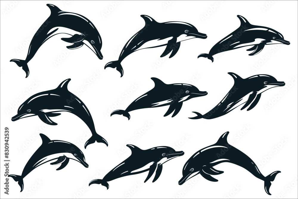 Obraz premium Set of black silhouette of dolphin, Silhouettes of fish, Dolphin jump from the water, Black silhouettes of dolphin, Dolphin, Element, Ocean, Jumping, Animal, Abstract, Aquarium, Fish, Illustration
