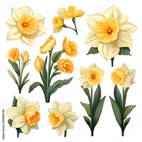 set of Daffodil  plants  leaves and flowers. illustrations of beautiful realistic flowers for background  pattern or wedding invitations