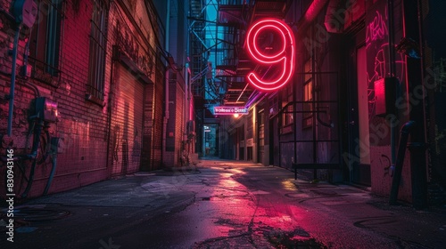 A neon sign with the number nine in red photo